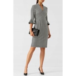 Escada Houndstooth Dress Women's 34 V-Neck Bell Sleeve Office Business Casual